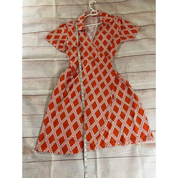 Tracy Negoshain Women's Orange Plaid Short Sleeve Wrap Dress - Large - Picture 5 of 11